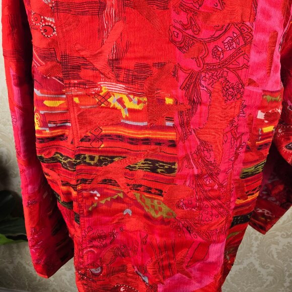 Chico's Size 3 (US XL) Red Multicolor Button Front Jacket 100% Silk Long Sleeve - Picture 9 of 12